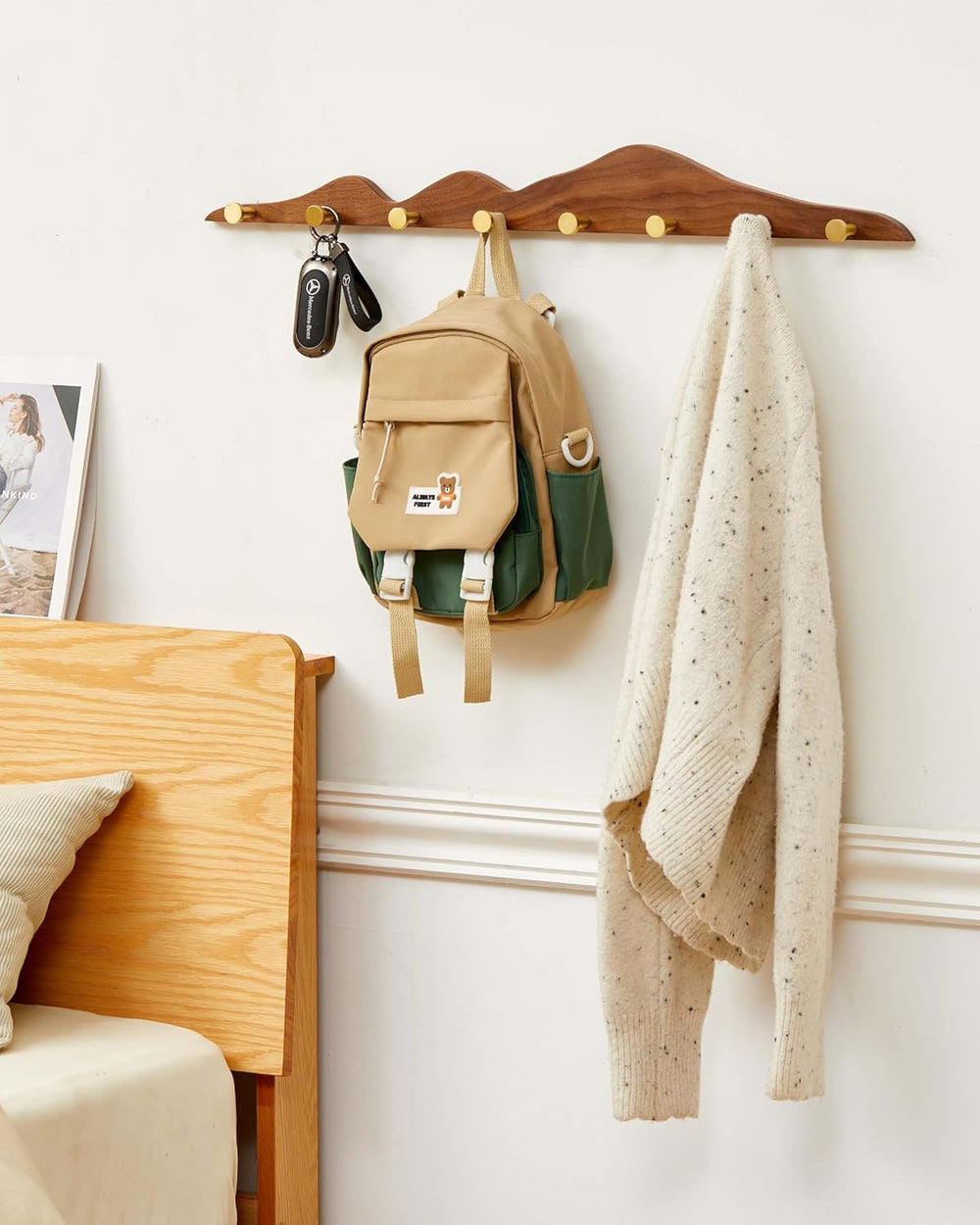 Wood Coat Hooks Wall Mount - Wooden Coat Rack with 8 Gold Brass Hooks for Ent...