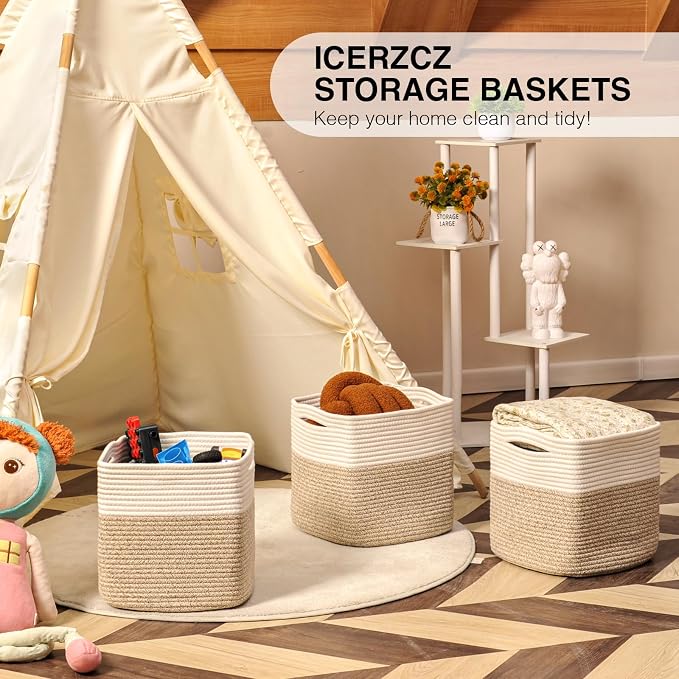 11 Inch Cube Storage Bins, Organizer Woven Cotton Rope Square Baskets - Image 6