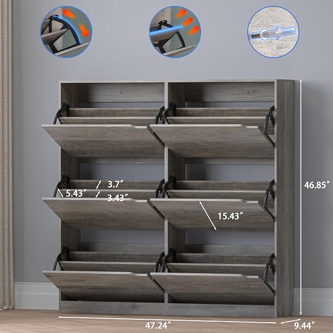 Shoe Cabinet with 6 Flip Drawers, Slim Narrow Shoe Storage Cabinet, - Image 2