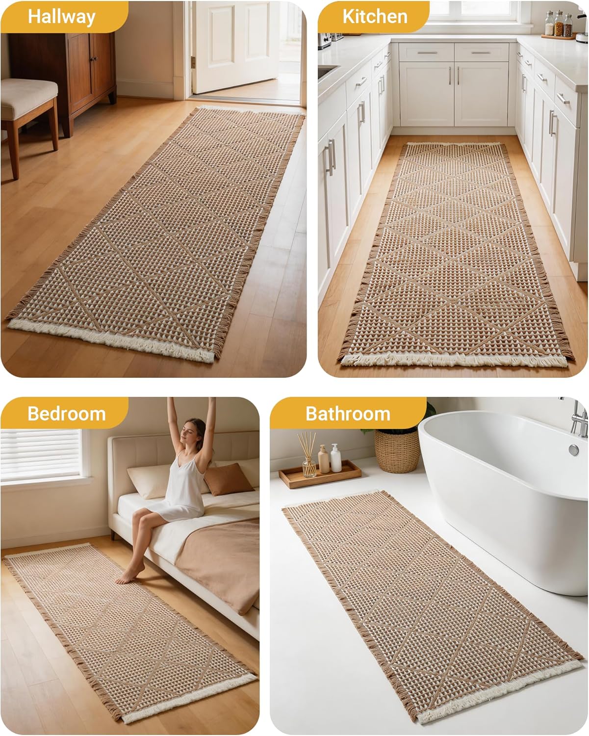 Large Bathroom Rugs 2' x 6', Long Runner Rug Waffle Bath Mat for Kitchen Rugs, Absorbent and Washable Bathroom Mat for Laundry Room, Soft Boho Runner Decor, Entryway Hallway Runner Rug No Slip