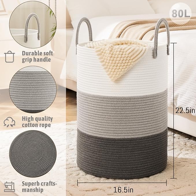 Laundry Basket, Woven Cotton Rope Laundry Hamper, 80L - Image 6