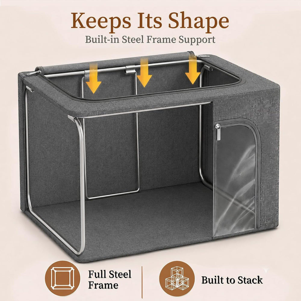 GoMaihe Clothes Storage Bins with Metal Frame for Blanket 3 Pack 66L Grey