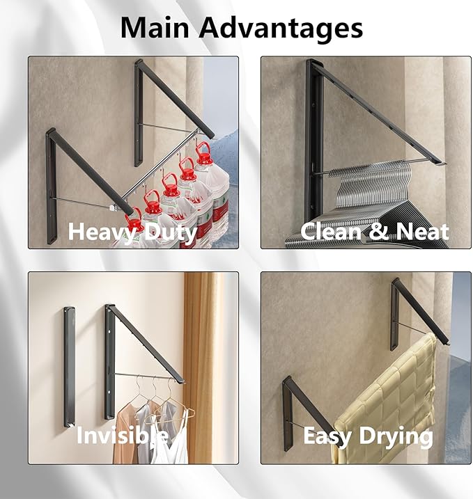Dr.DJ Clothes Drying Rack with Rod, Wall-Mounted Retractable & Foldable Clothes - Image 3