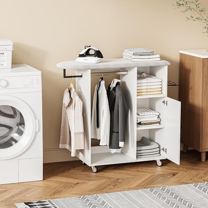 Rolling Ironing Board with Storage Cabinet, Ironing Table with Heat-Resistant - Image 4