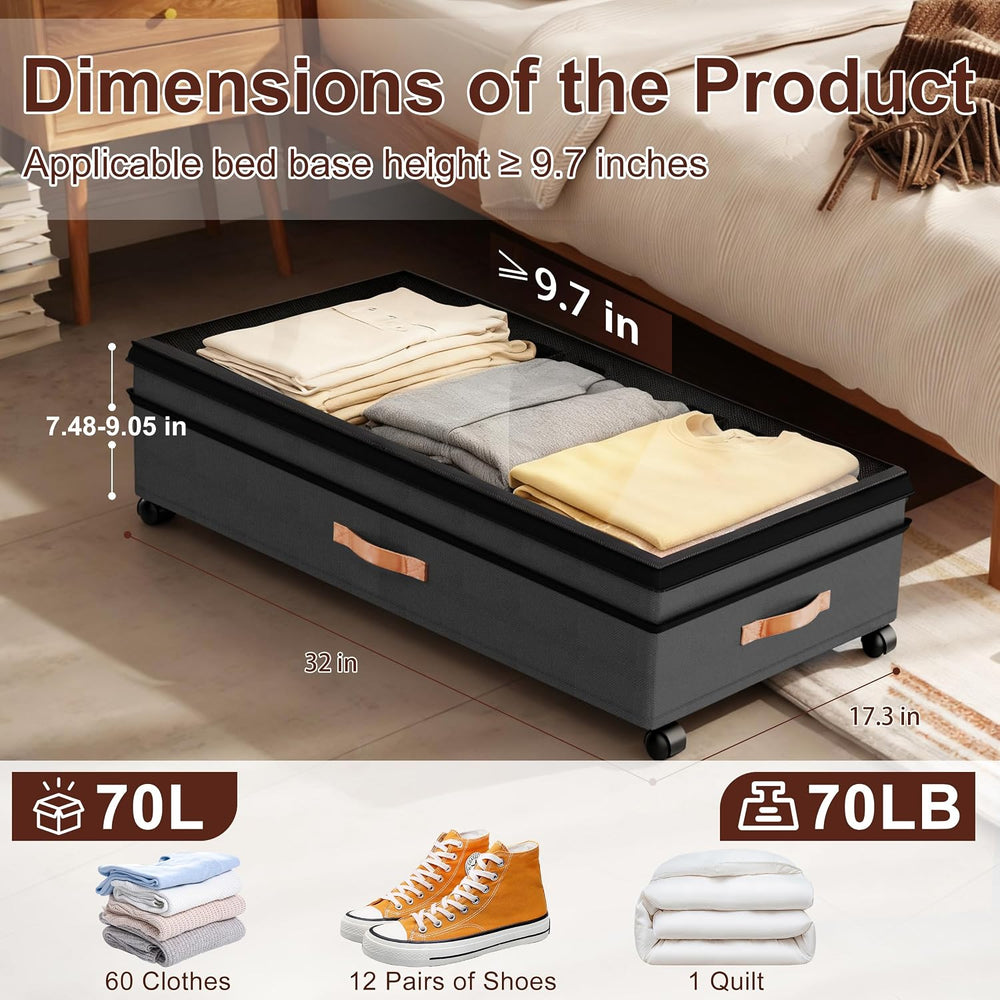 XXL Under Bed Storage with Wheels, 2 Pack 70L Extra Large Rolling Organizer, ...