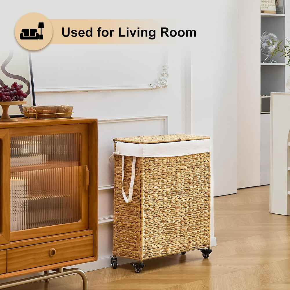 Slim Rolling Laundry Hamper with Lid and Wheels (Natural, 85L)
