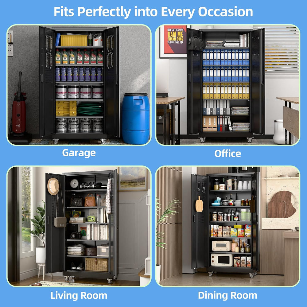 Aobabo Black Metal Garage Storage Cabinet with Wheels, 34"W x 18"D ...