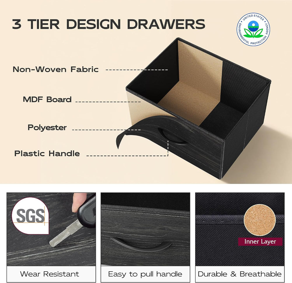 WLIVE 5 Drawer Dresser for Bedroom, Tall Chest of Drawers, Black Wood Grain