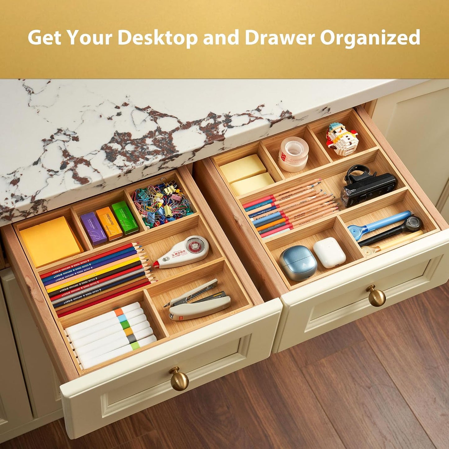 Bamboo Desk Drawer Organizer, Wood Office Junk Tray, 12"x12" | 1.8" Tall for Shallow Drawer - Adjustable dividers - Anti Slip Silicone Pads - Versatile Storage Box in Kitchen, Pantry