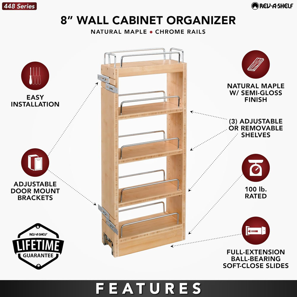 Rev-A-Shelf 8" Pullout Storage Organizer for Wall Kitchen Cabinets, Slid...