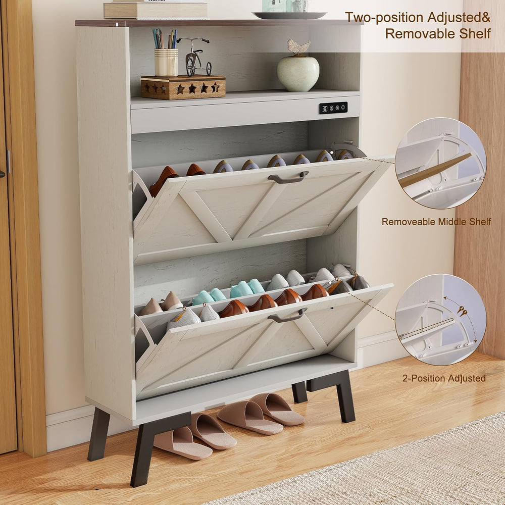 Shoe Cabinet with Deodorizer, Narrow White Entryway Storage, Anti-Tip