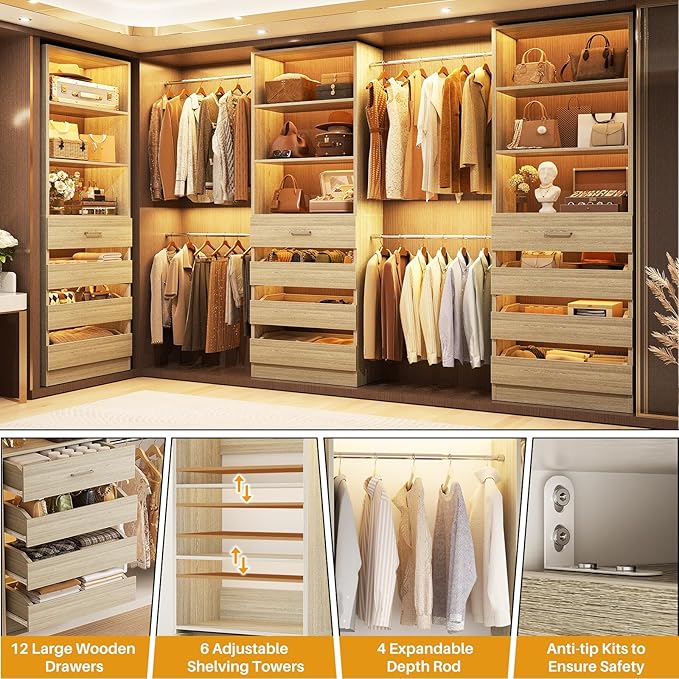 Aheaplus Closet System with 12 Drawers, 8.5-11.5Ft Wood Closet Organizer System - Image 4