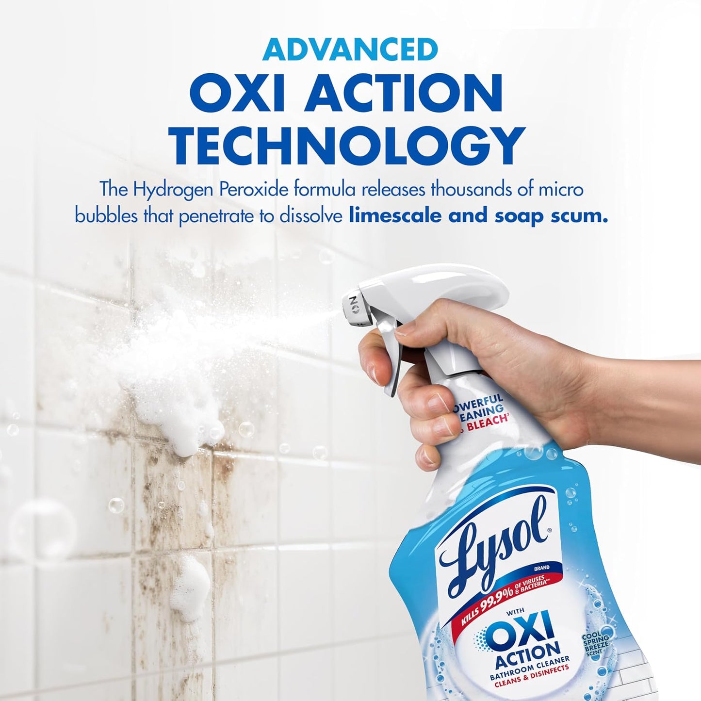 LYSOL Bathroom Cleaner Spray with OXI Action (Hydrogen Peroxide), 0% Bleach Formula, Multipurpose Disinfecting Cleaner for Tub, Tile & Shower, Removes Soap Scum & Limescale, Spring Breeze Scent, 32oz