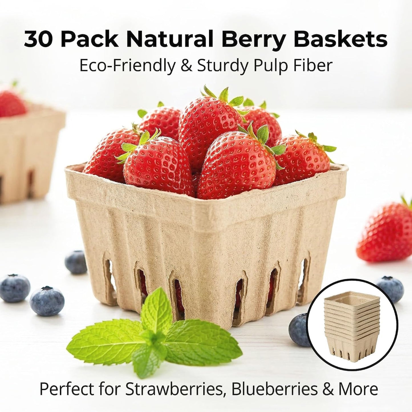 30 Pack Natural Pulp Fiber Berry Basket,Small Molded Produce Vented Basket | Kitchen Supplies for Strawberry Blueberry Raspberry, Fruit Tray for Fruit Vegetable Farmer Market Grocery