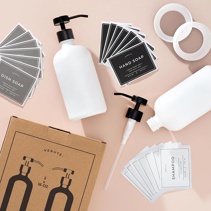 16oz Glass Soap Dispenser with Stainless Steel Pump, 21 Waterproof Labels - Image 8