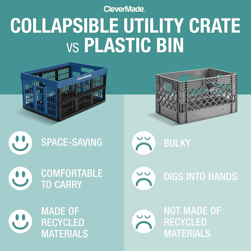 CleverMade Collapsible Utility Crates, 60L Storage Crate, 3 Pack, Obsidian