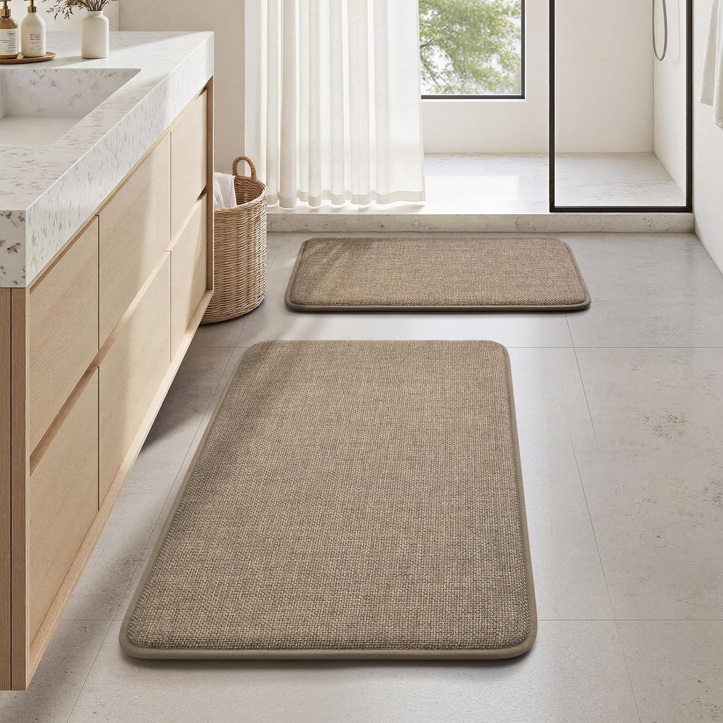 HOMEIDEAS Memory Foam Bathroom Rugs Set 2 Piece, Ultra Absorbent Quick Dry Bath Mats, Linen-Like Boho Bathroom Rug Set for Bath Floor, Shower & Tub (Beige, 32"x20" + 24"x17")