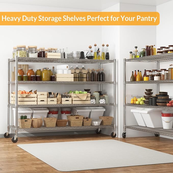 Himimi Storage Shelves with Wheels, 4-Tier Heavy Duty Steel Wire Rack Storage