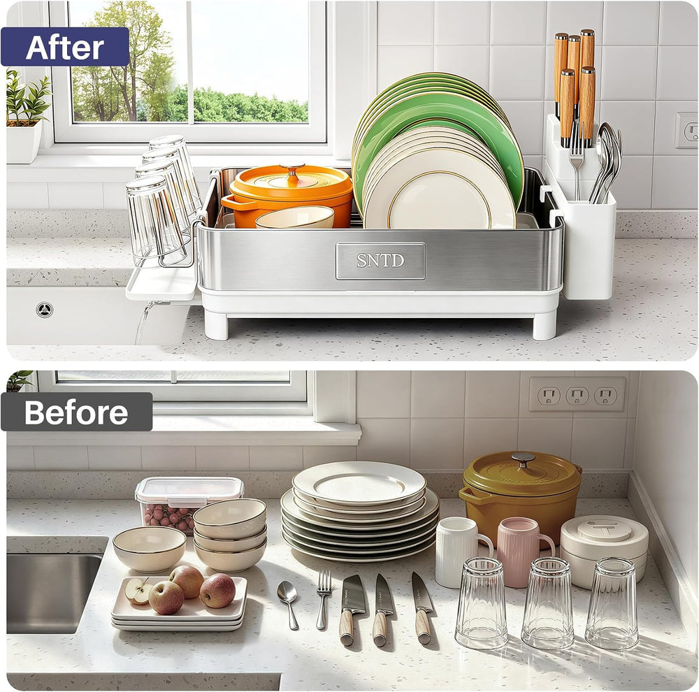 SNTD 304 Stainless Steel Dish Drying Rack for Small Kitchen Counter, White