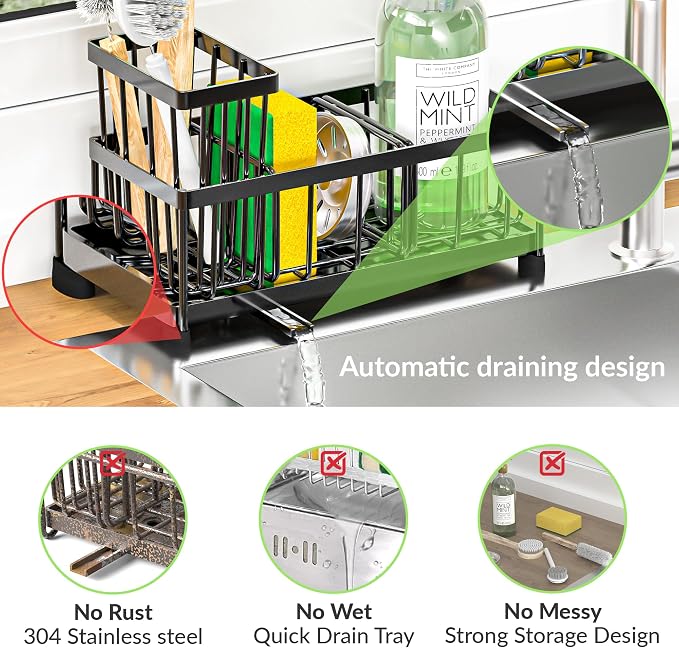Black Sponge Holder for Kitchen Sink, Self-Draining Kitchen Sink Organizer - Image 3