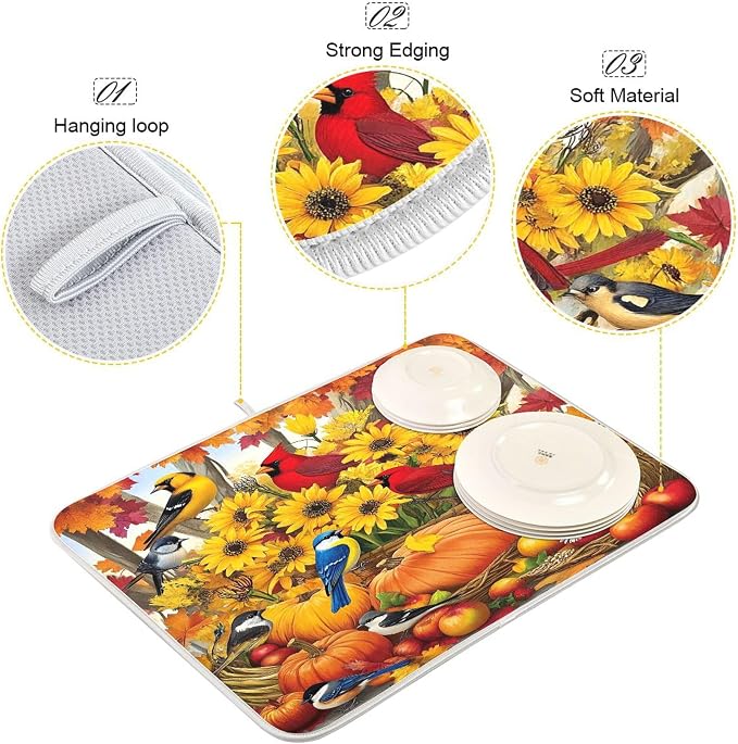 Fall Birds Dish Drying Mat for Kitchen Countertop 18x24 Autumn Pumpkin - Image 4