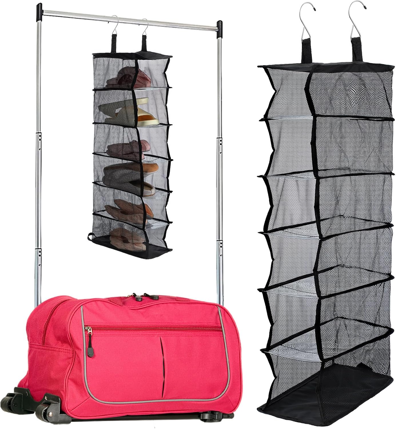 Aliceset 6-shelf Hanging Shoe Organizer for Dance Bags, Collapsible Hanging Shoe Rack with Transparent Shelves and Mesh Sides, Travel Backstage Accessories, Dance Bag Accessories