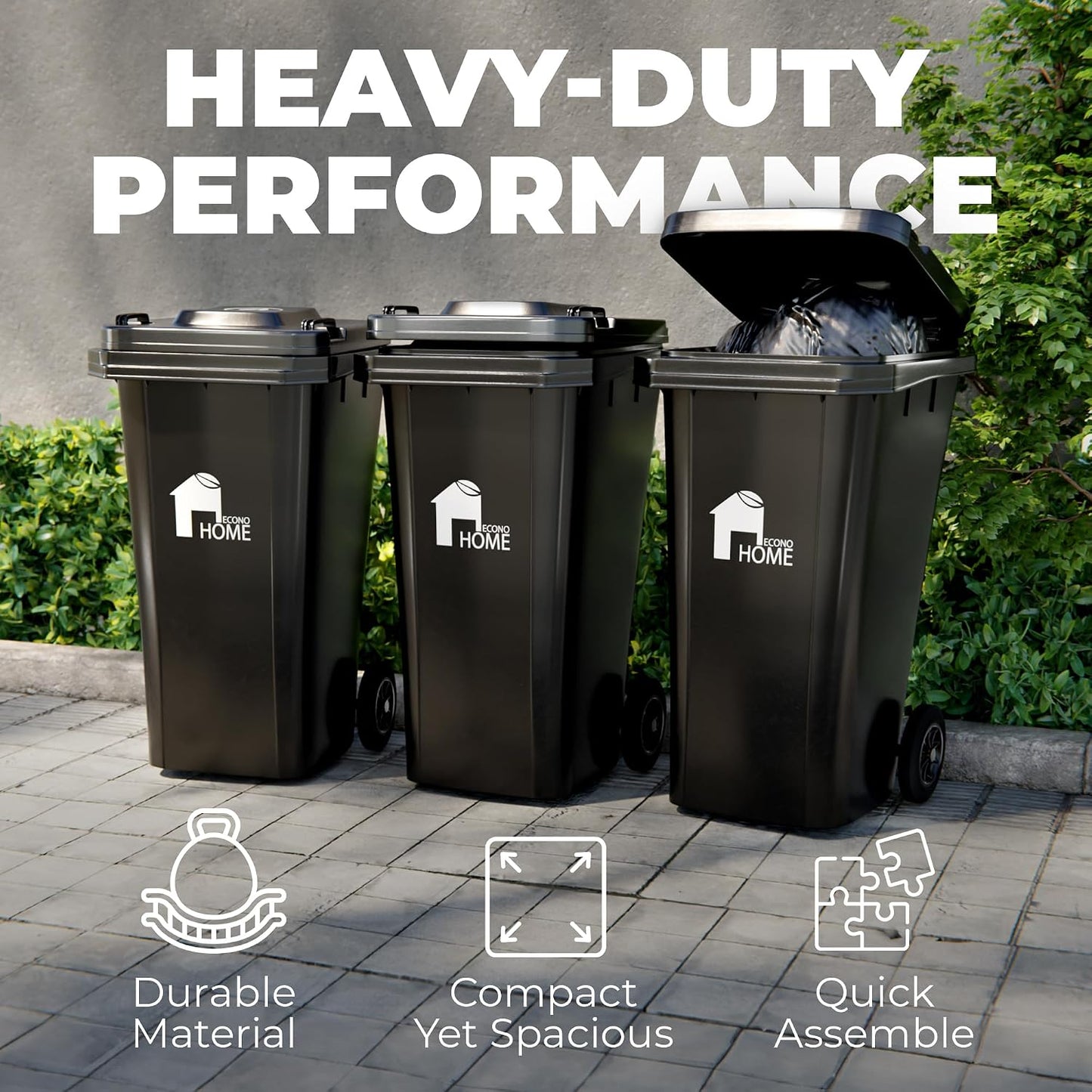 EconoHome Outdoor Garbage Can with Lid - 32 Gallon Trash Can for Backyard, Deck, Garage - Dual Wheels, Extra Heavy-Duty, Durable Handle - Versatile Home & Commercial Storage Container - Black, 1-Pack