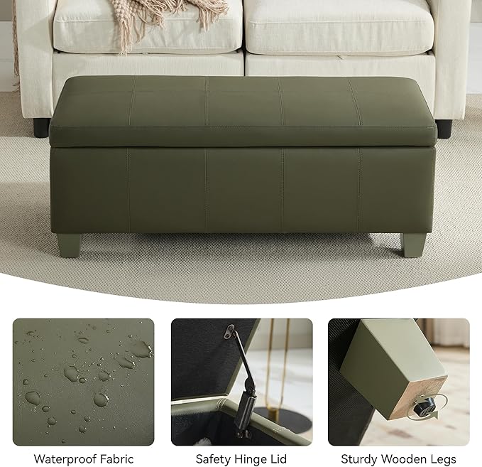 41" Faux Leather Storage Ottoman, Stitch Tufted Rectangle Upholstered End of - Image 5