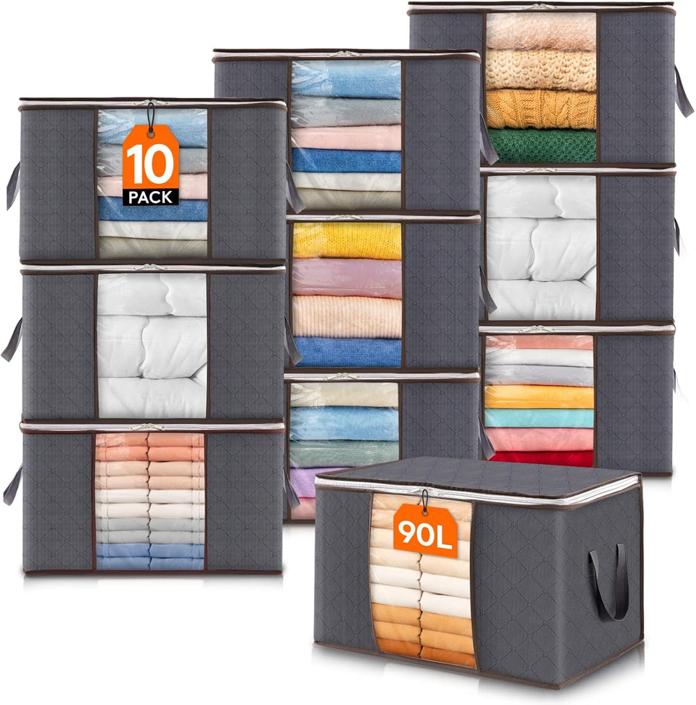 Lifewit 10 Pack 90L Clothes Storage Bins with Lids, Foldable Blanket Storage ...