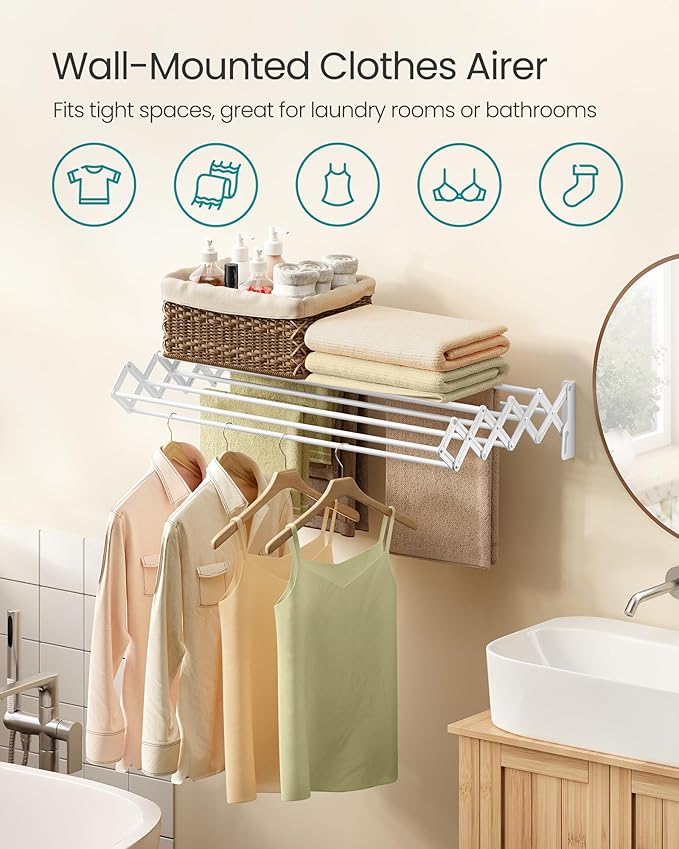 SONGMICS Clothes Drying Rack, Wall-Mounted Drying Rack Clothing, Accordion - Image 4
