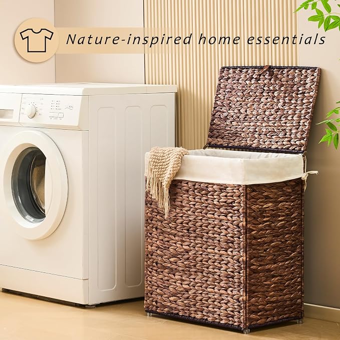 Handwoven Laundry Basket with Lid, Natural Water Hyacinth Storage Basket with - Image 3