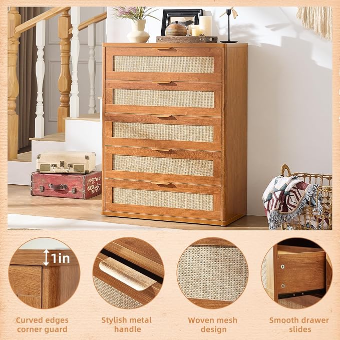 LEYAOYAO Rattan Dresser for Bedroom Set 2, Modern 5 Drawers Boho Dressers - Image 8