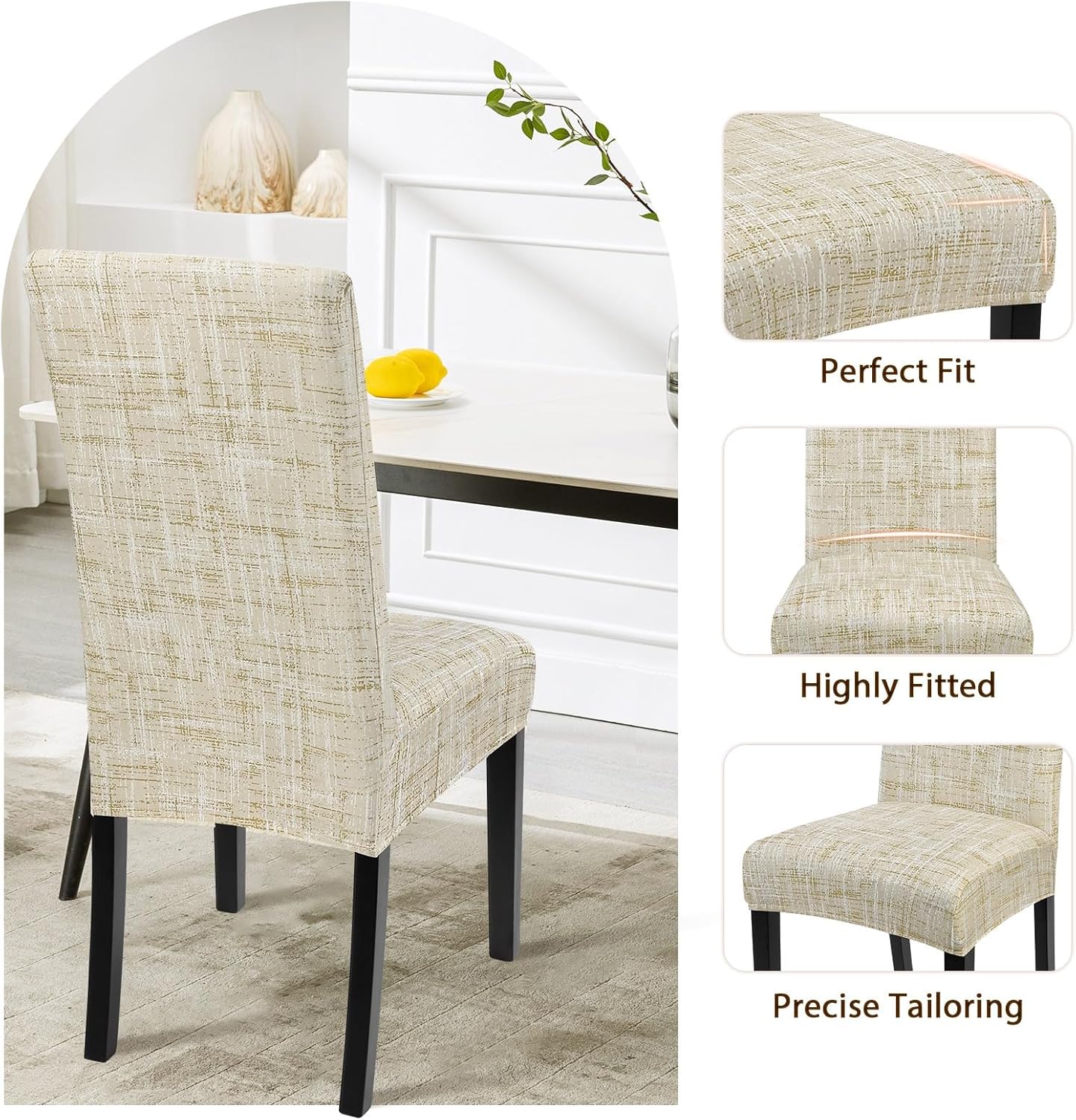 SearchI Dining Room Chair Covers Set of 6, Stretch Printed Parsons Chair Slipcovers Removable Washable Kitchen Chair Protector Cover for Dining Room, Hotel, Ceremony (Flaxen Print)