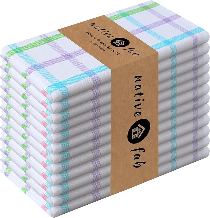 Native Fab Multi Color Check Kitchen Towels Set of 12, 100% Cotton, 16x26 Inch by NativeFab