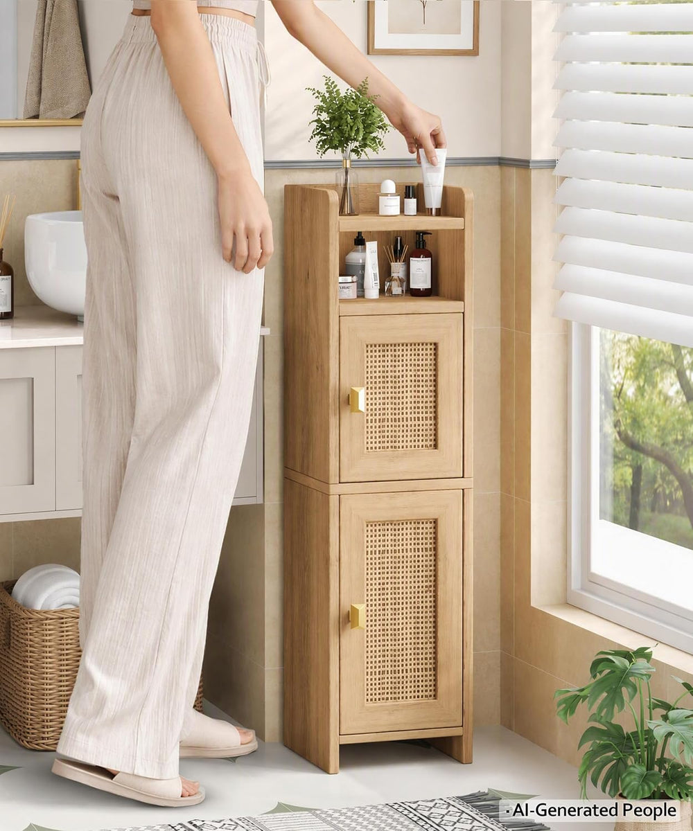 Akxomel Small Bathroom Cabinet with Open Shelf Wooden Floor Cabinet Oak