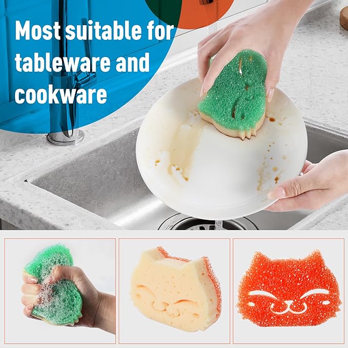 12 Pcs Scrubber Sponge Cat Smiley Shape Cleaning Sponge Double Sided Dish - Image 8