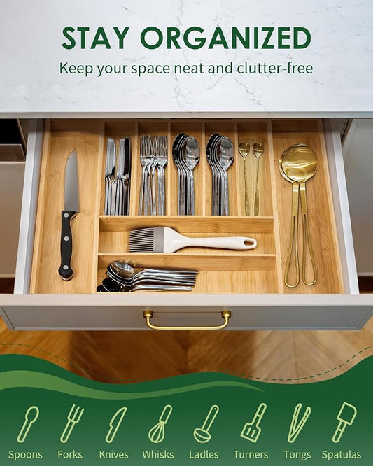 Premium Bamboo Expandable Drawer Organizer, 7-9 Slots Adjustable Kitchen Drawer - Image 2