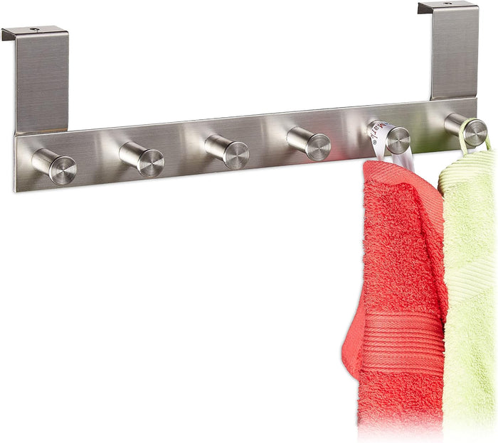 Relaxdays Stainless Steel Coat, 6, Blunt 4 cm, Door Hook Rail for Hanging, Silver, Design A, 1 Item