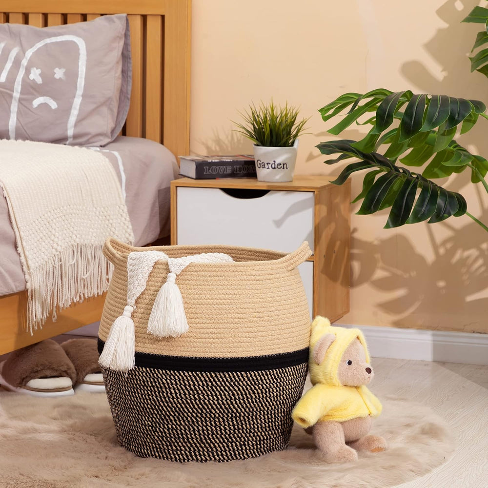 KAKAMAY Woven Cotton Rope Basket, Large Round Storage Basket, Foldable Laundr...