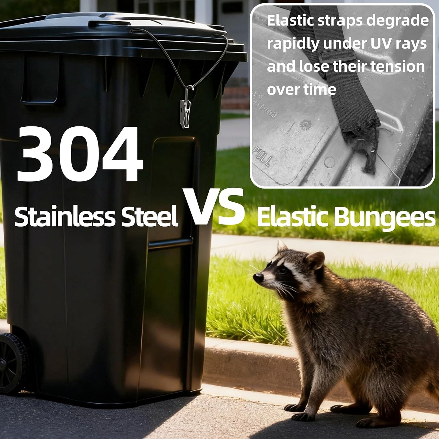 Animal Proof Trash Can Lock, 304 Stainless Steel Tension Latch for Raccoon & Bear Prevention, Universal Fit for 20-100 Gallon Outdoor Bins