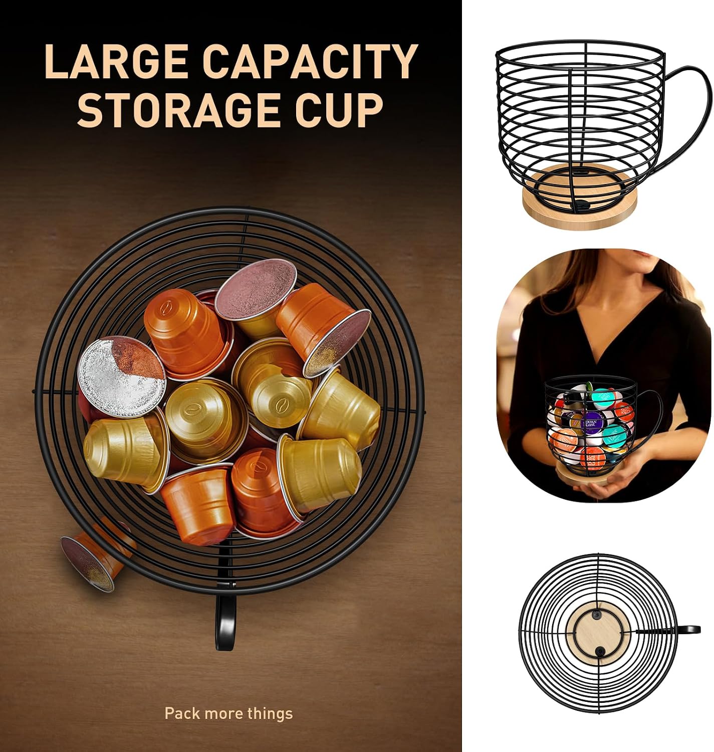 BYTEAIDREX Coffee Pod Holders for Counter - K Cup Holders for Counter - Coffee Pods Storage Organizer - Bar Accessories - Large Capacity Black Wire Kup Storage with Wooden Base.