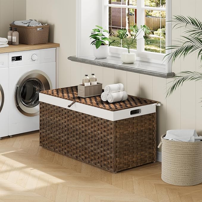 HOOBRO Storage Basket with Lid, 52.8 Gallon Wicker Basket, Handwoven Blanket