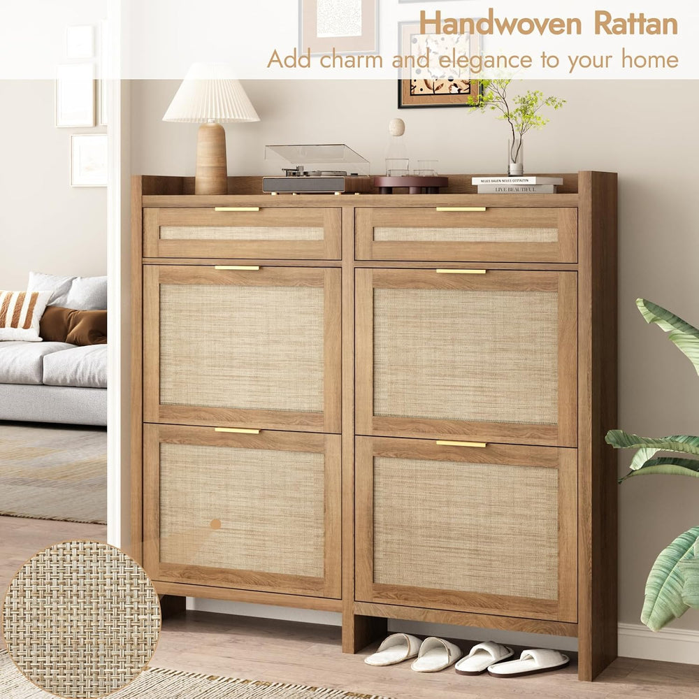 HOKYHOKY Large Rattan Shoe Storage Cabinet with 4 Flip Drawers & 2 Storages