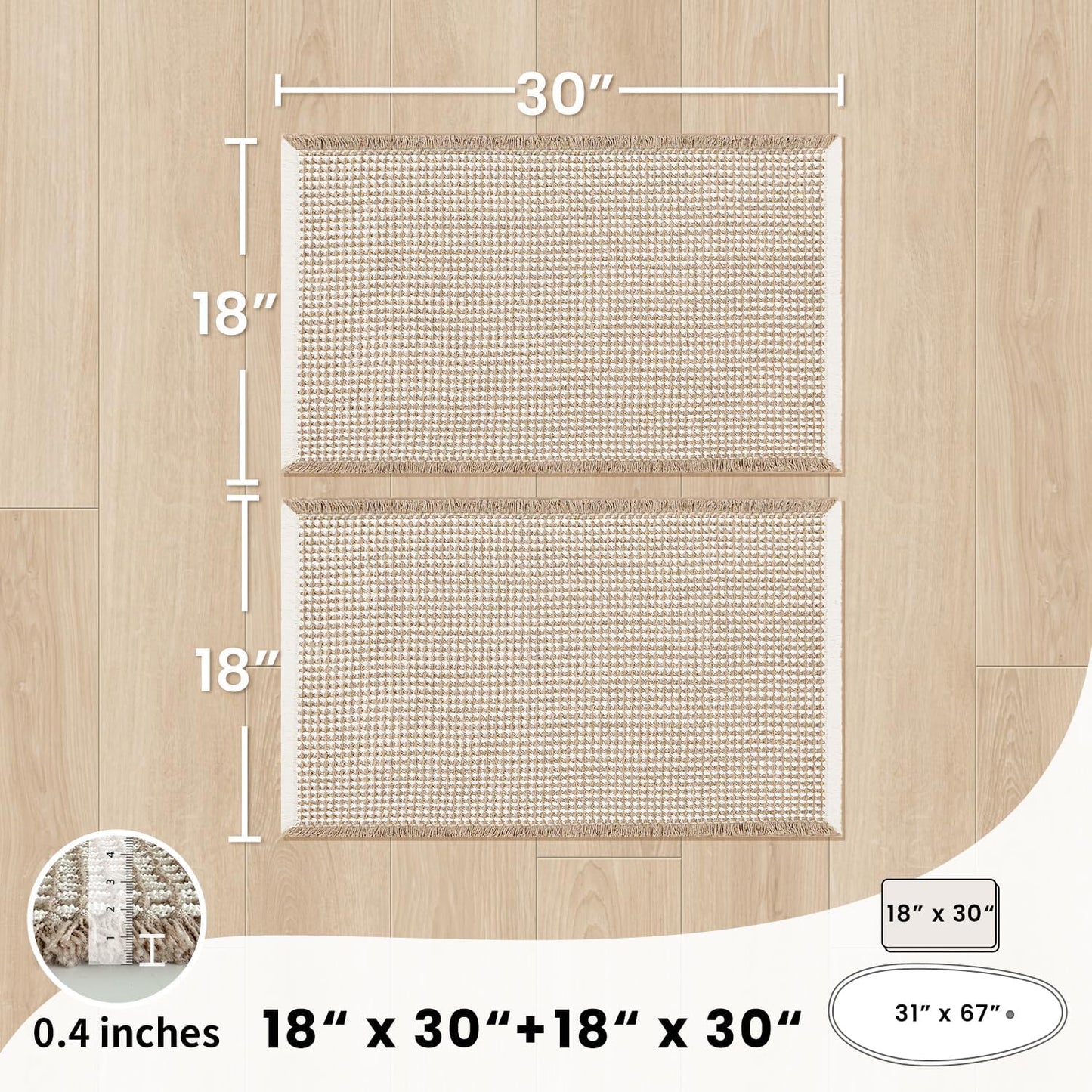 Bathroom Rugs Sets 2 Piece - Waffle Bath Mat Non Slip, Washable Bathroom Mats Absorbent Soft Boho Decor, Quick Dry Shower Mats, 2 Pack 18x30 Inch, Khaki and White