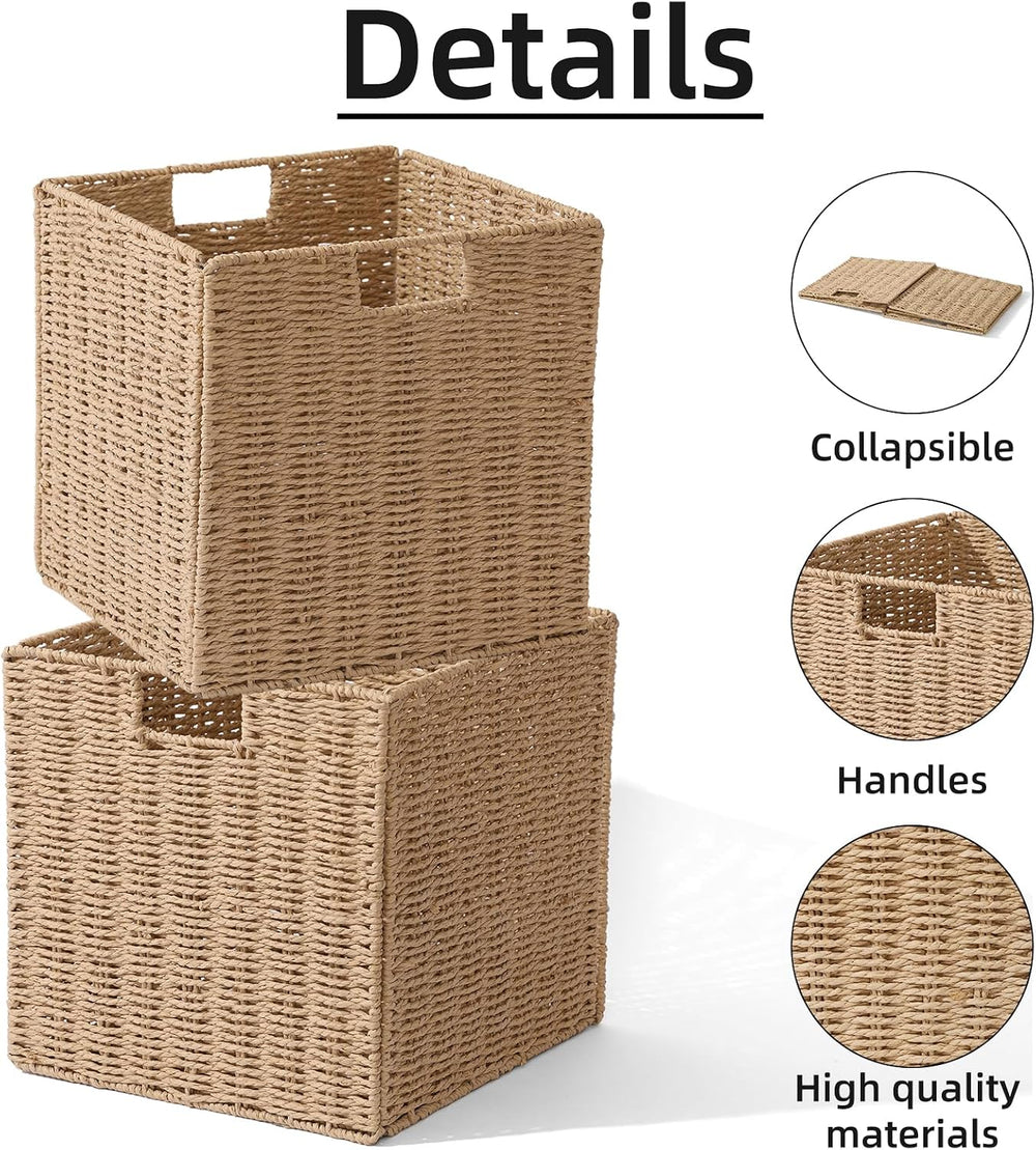 12x12x12in Wicker Storage Baskets for Shelves, Set of 2 Hand-Woven Paper Rope...
