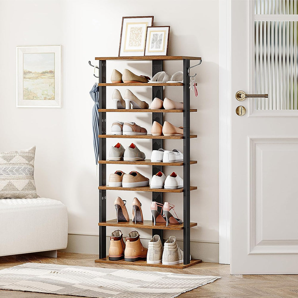 HOOBRO 8 Tiers Vertical Shoe Rack, Wooden Shoe Storage Organizer with Hooks, ...