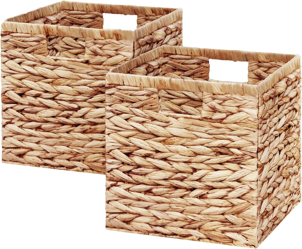 Vagusicc 11x11 Inch Water Hyacinth Storage Baskets Set of 2, Foldable Handwov...