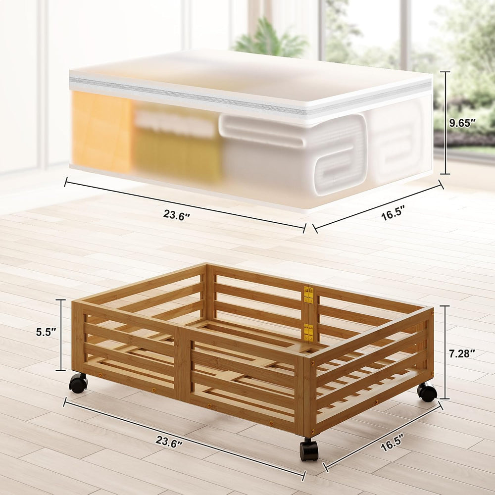 Under Bed Storage with Wheels, 2 Pack Bamboo Drawers for Shoes and Clothes