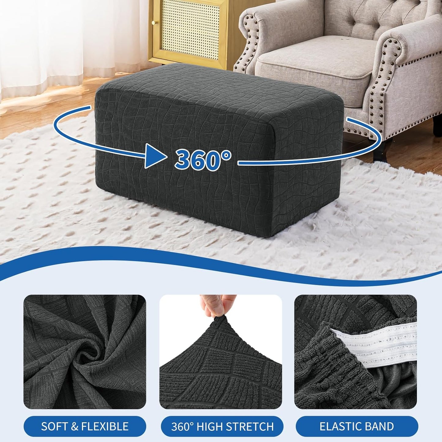 Waterproof Ottoman Covers Ottoman Slipcovers Folding Storage Stool Washable Furniture Protector,Elastic Foot Stool Foot Rest Protector for Living Room Bedroom,Large,Dark Gray
