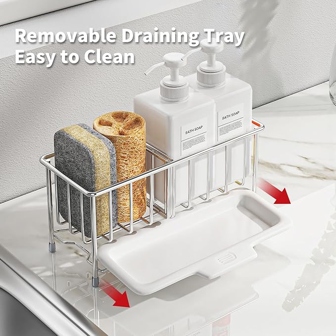 Kitchen Sink Sponge Holder, 304 Stainless Steel Soap Dispenser Caddy Organize - Image 4